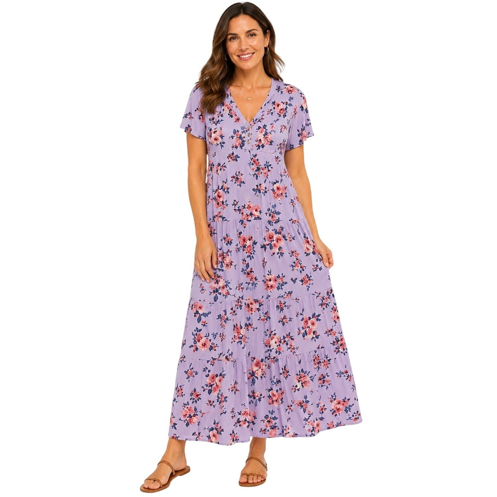 Knox‎ Rose Lavender Floral Tiered Maxi Dress XXL V-Neck Rayon Boho Fits L, XL